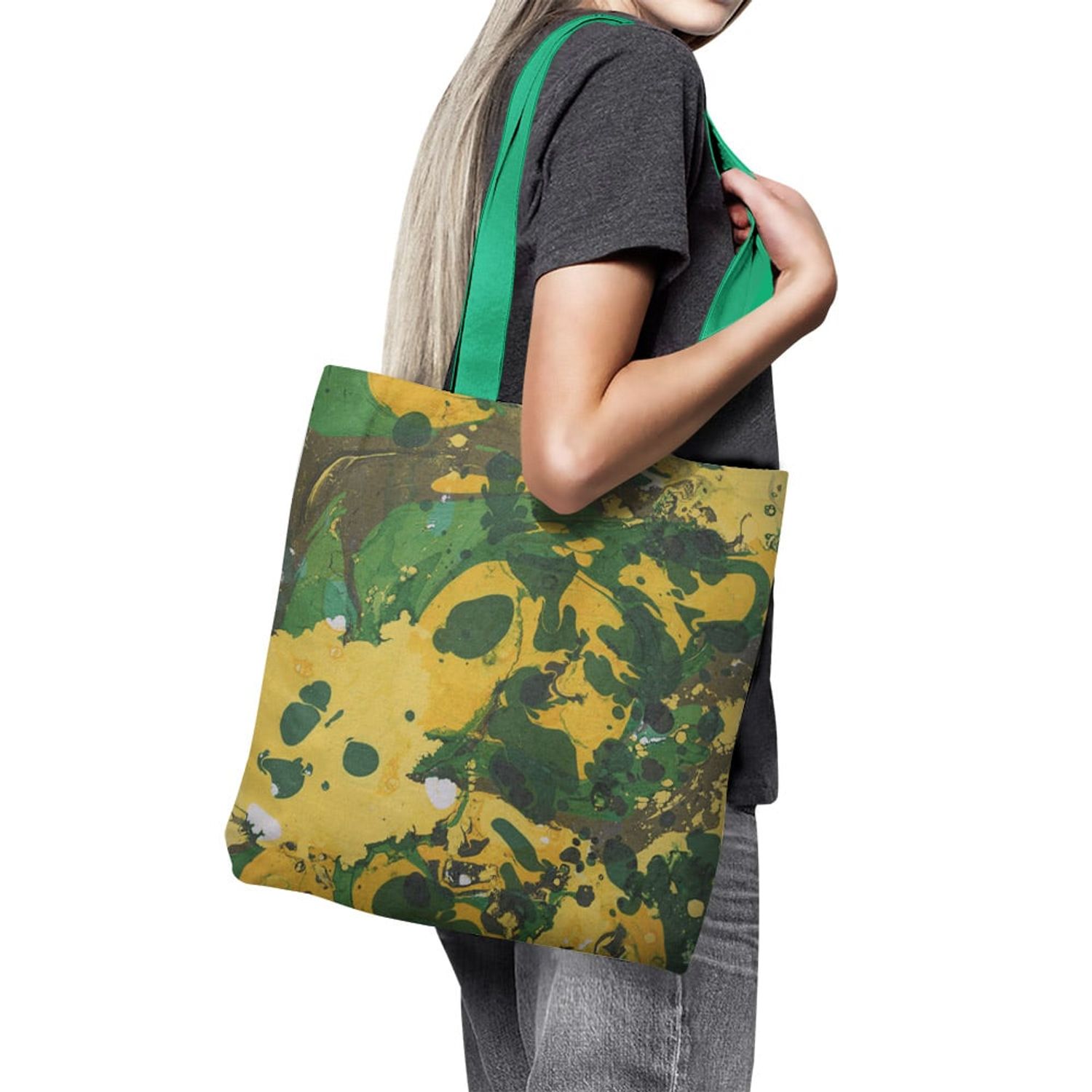 Geanta Handmade Tote Basic, Mulewear, Abstract Padure Tropicala Verde, Multicolor, 43x37 cm fotografia produsului View 3 L