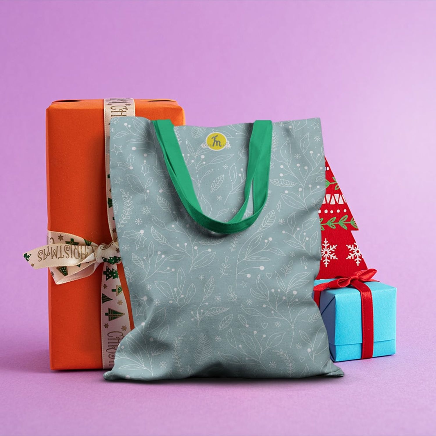 Geanta Handmade Tote Basic, Pattern Stilizat cu Plante, Multicolor, 43x37 cm fotografia produsului View 4 L