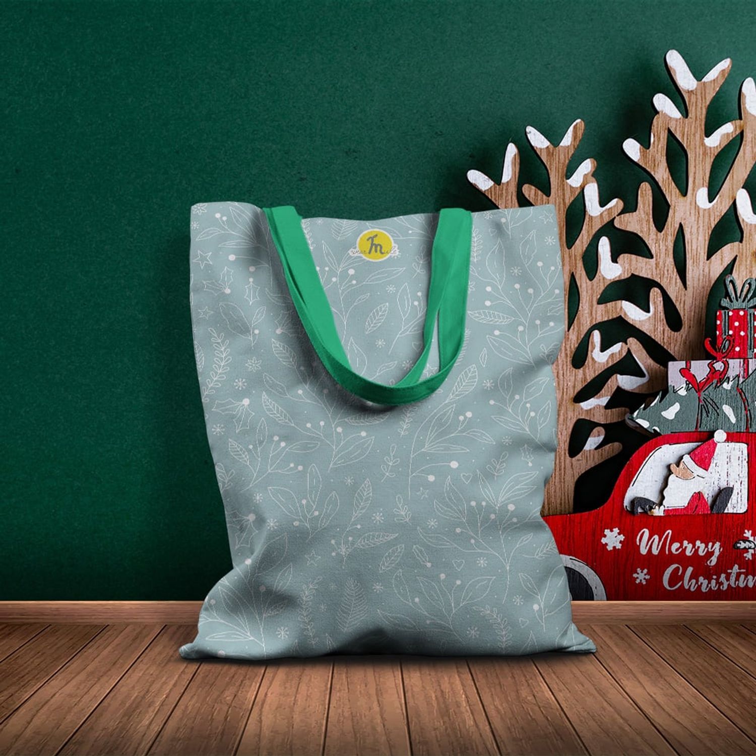 Geanta Handmade Tote Basic, Pattern Stilizat cu Plante, Multicolor, 43x37 cm fotografia produsului View 6 L