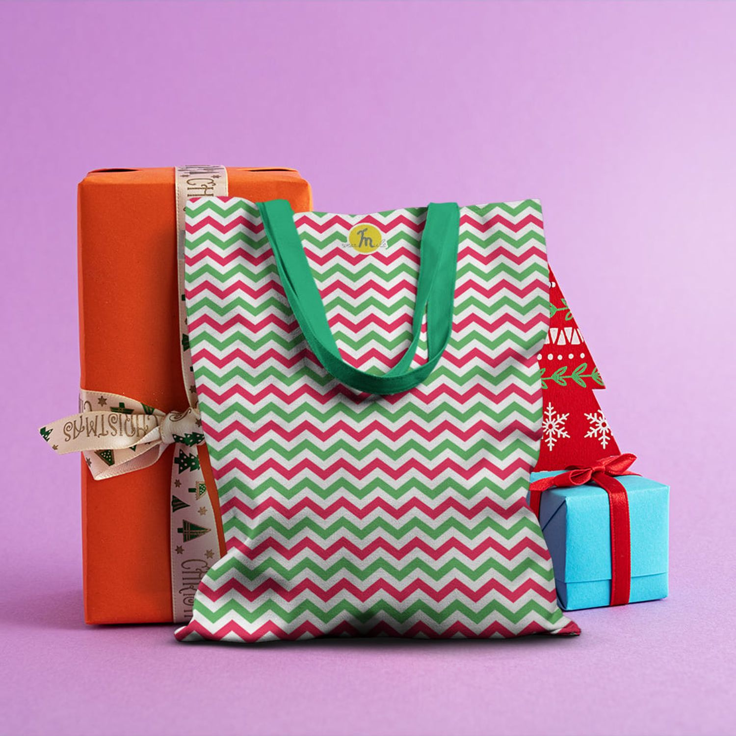 Geanta Handmade Tote Basic, Zig-Zag in Culori de Craciun, Multicolor, 43x37 cm fotografia produsului View 3 L