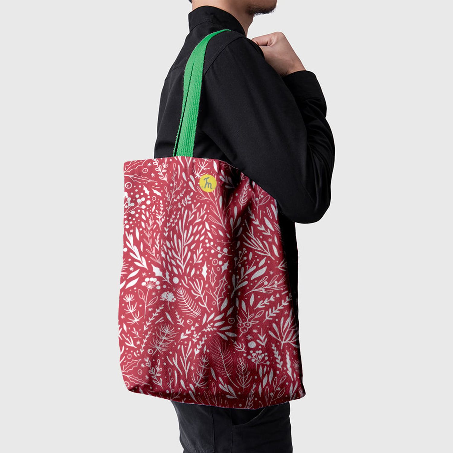 Geanta Handmade Tote Basic, Pattern de Craciun cu Plante, Multicolor, 43x37 cm fotografia produsului View 3 L