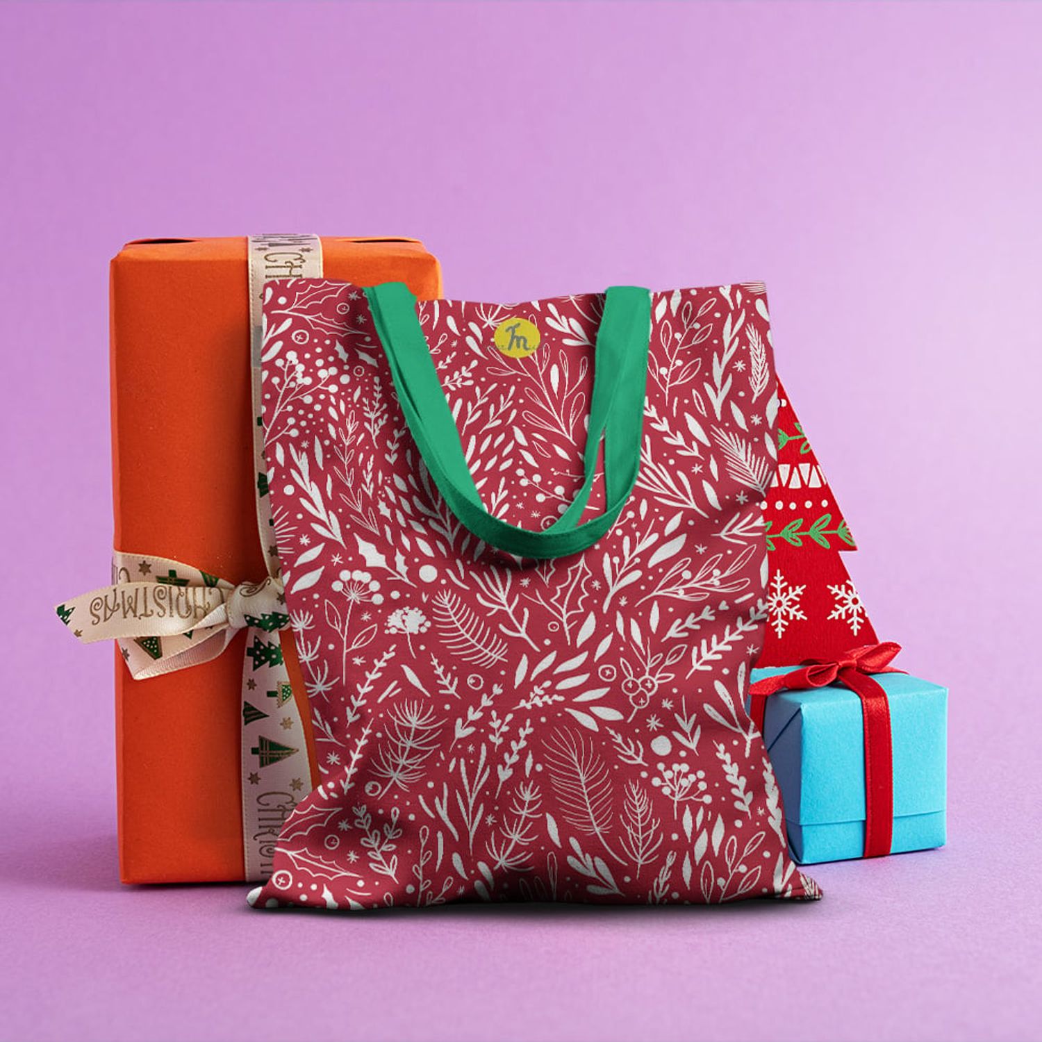 Geanta Handmade Tote Basic, Pattern de Craciun cu Plante, Multicolor, 43x37 cm fotografia produsului View 5 L