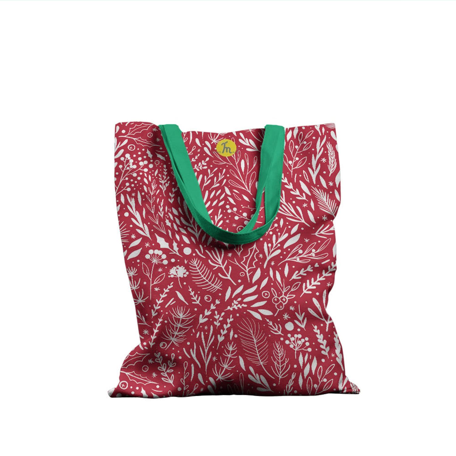 Geanta Handmade Tote Basic, Pattern de Craciun cu Plante, Multicolor, 43x37 cm fotografia produsului