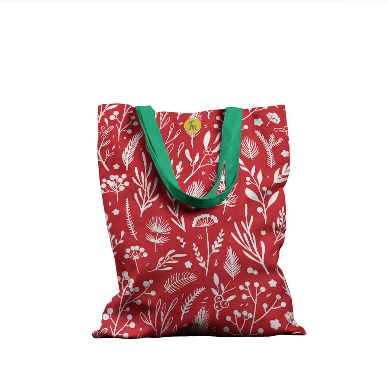 Geanta Handmade Tote Basic, Pattern cu Plante in Culori de Craciun, Multicolor, 43x37 cm fotografia produsului