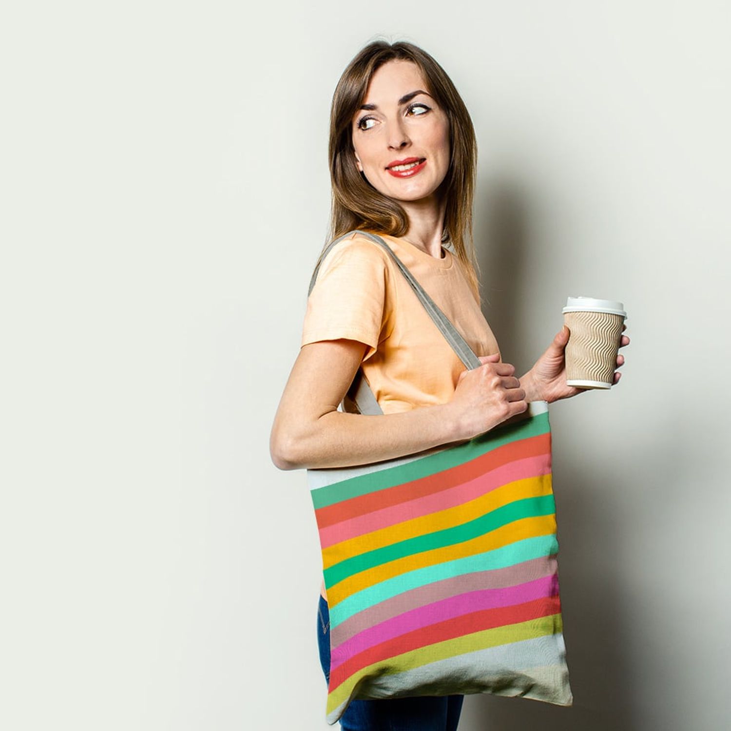 Geanta Handmade, Tote Bag Basic Original Mulewear, Abstract Dungi Optimiste, Optimistic Stripes, Multicolor, 43x37 cm fotografia produsului View 2 L