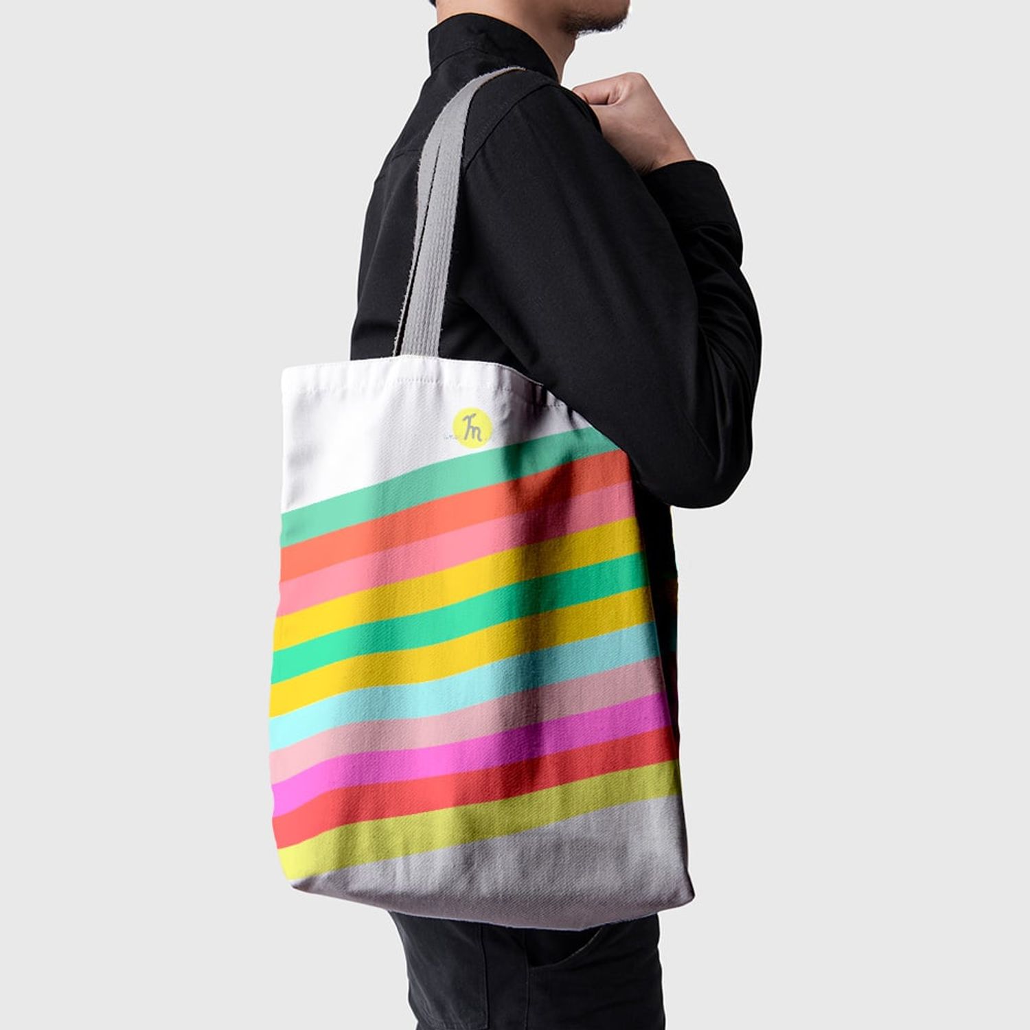 Geanta Handmade, Tote Bag Basic Original Mulewear, Abstract Dungi Optimiste, Optimistic Stripes, Multicolor, 43x37 cm fotografia produsului View 5 L