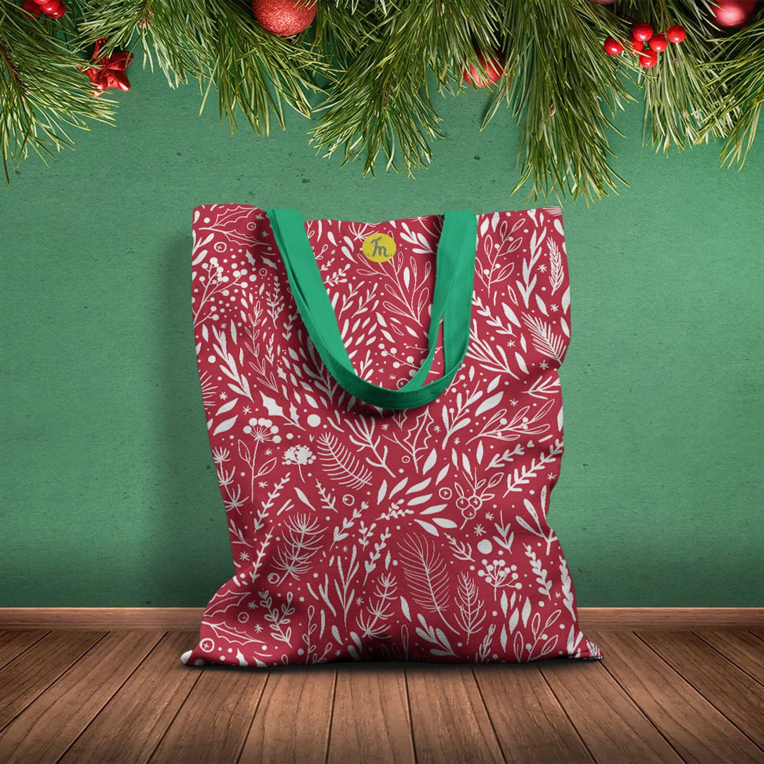 Geanta Handmade Tote Basic, Pattern de Craciun cu Plante, Multicolor, 43x37 cm fotografia produsului View 2 L