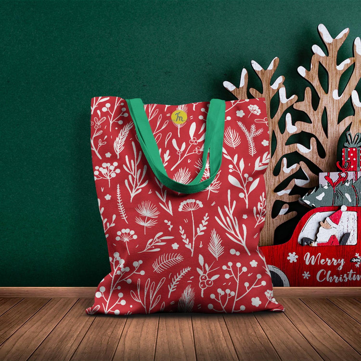 Geanta Handmade Tote Basic, Pattern cu Plante in Culori de Craciun, Multicolor, 43x37 cm fotografia produsului View 4 L