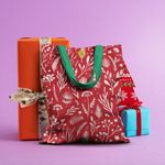Geanta Handmade Tote Basic, Pattern cu Plante in Culori de Craciun, Multicolor, 43x37 cm fotografia produsului View 6 S
