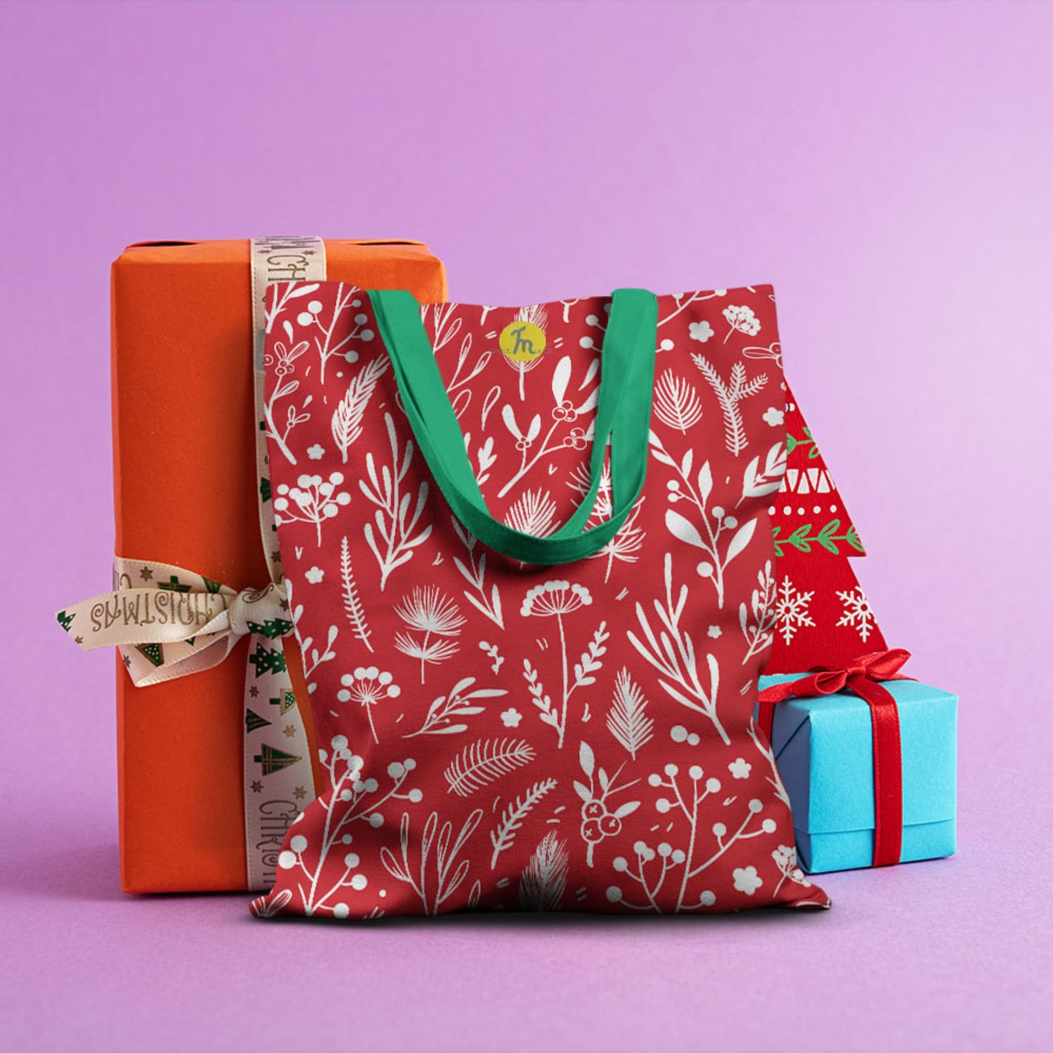 Geanta Handmade Tote Basic, Pattern cu Plante in Culori de Craciun, Multicolor, 43x37 cm fotografia produsului View 6 L