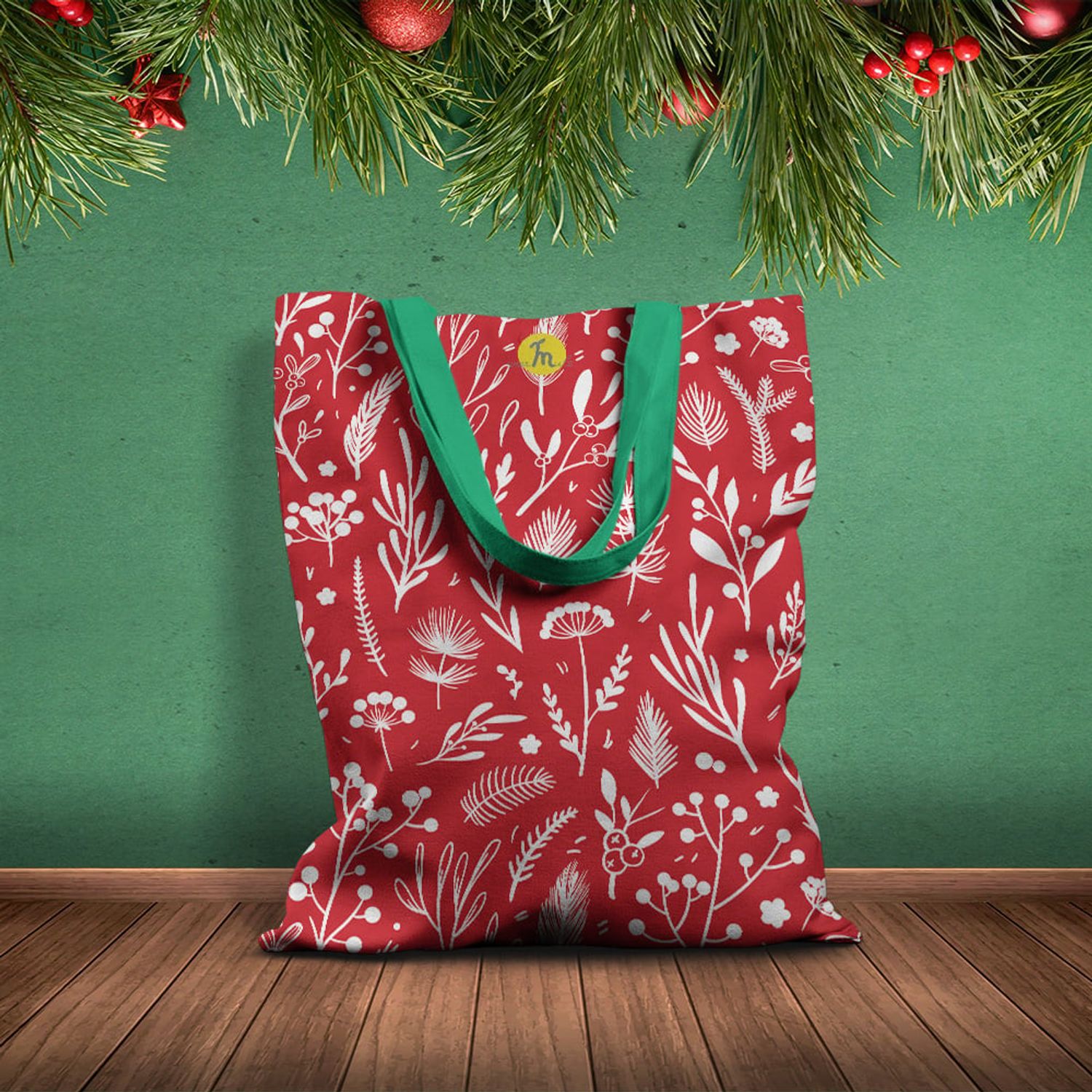 Geanta Handmade Tote Basic, Pattern cu Plante in Culori de Craciun, Multicolor, 43x37 cm fotografia produsului View 2 L