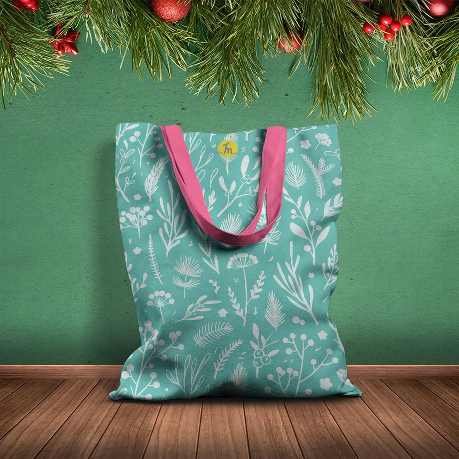 Geanta Handmade Tote Basic, Plante pe Fundal Turcoaz, Multicolor, 43x37 cm fotografia produsului View 2 L