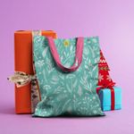 Geanta Handmade Tote Basic, Plante pe Fundal Turcoaz, Multicolor, 43x37 cm fotografia produsului View 5 S