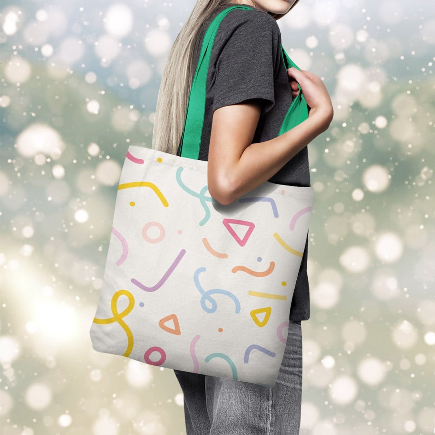 Geanta Handmade Tote Basic, Abstract Forme Desen de Copii, Multicolor, 43x37 cm fotografia produsului View 5 L
