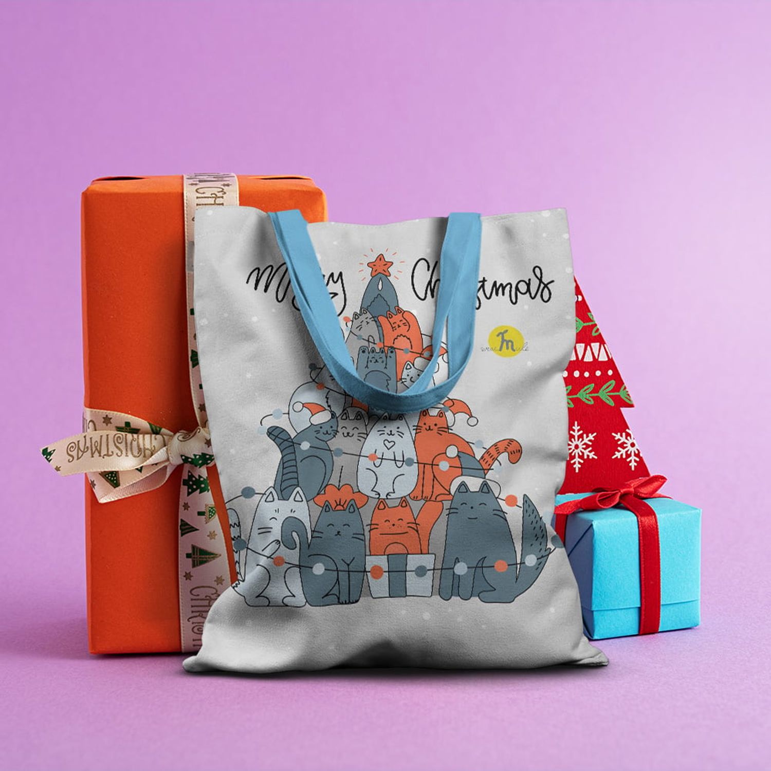 Geanta Handmade Tote Basic, Brad de Craciun din Pisici, Multicolor, 43x37 cm fotografia produsului View 4 L