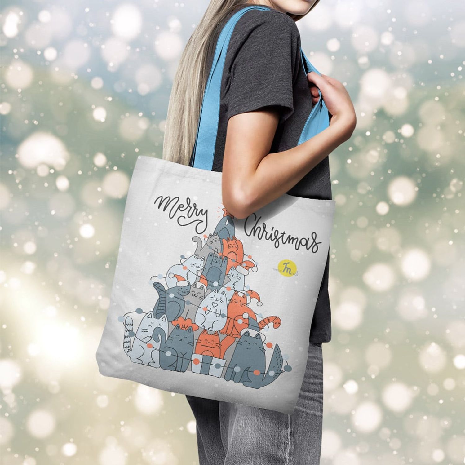 Geanta Handmade Tote Basic, Brad de Craciun din Pisici, Multicolor, 43x37 cm fotografia produsului View 5 L