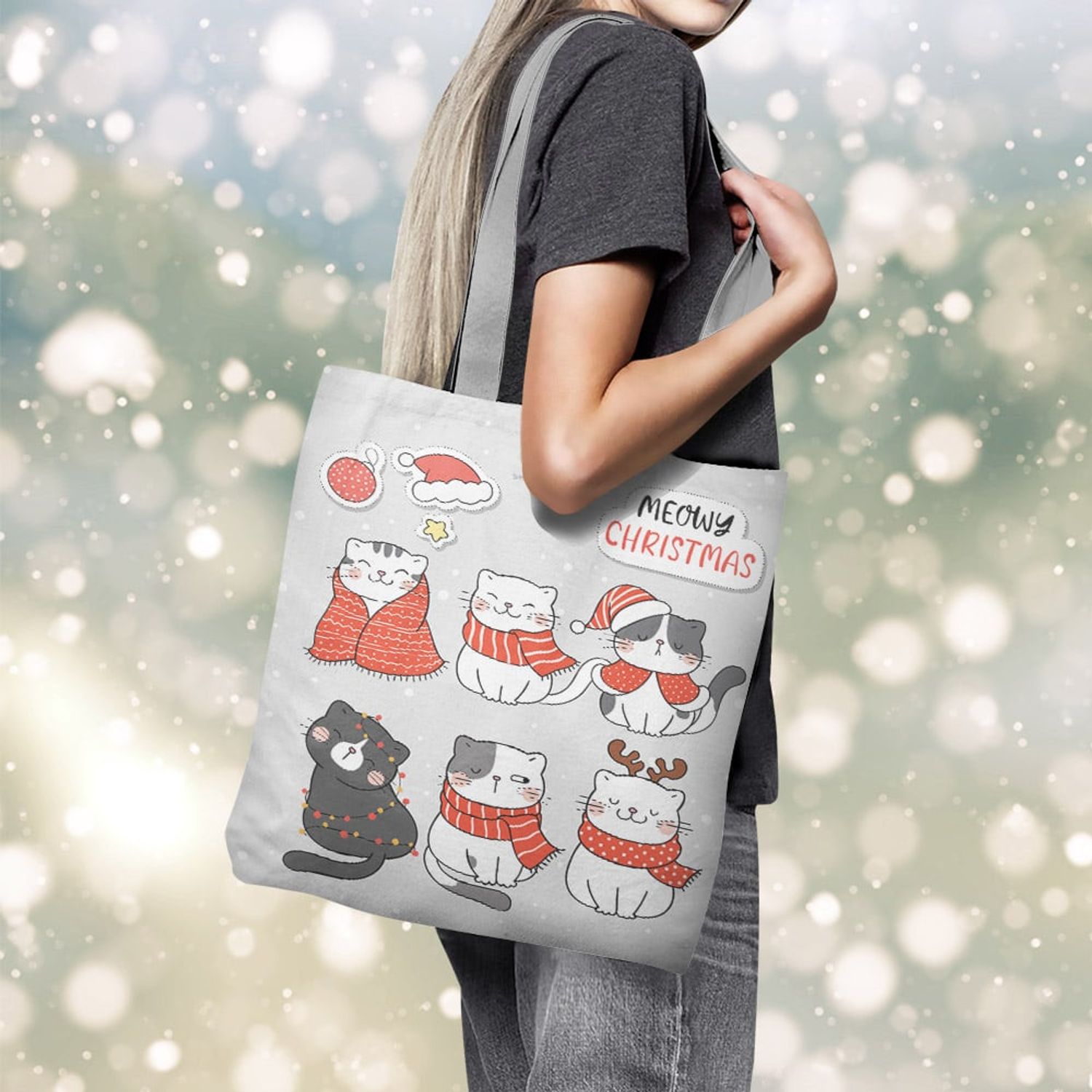 Geanta Handmade Tote Basic, Pisici Impodobite pentru Craciun, Multicolor, 43x37 cm fotografia produsului View 3 L