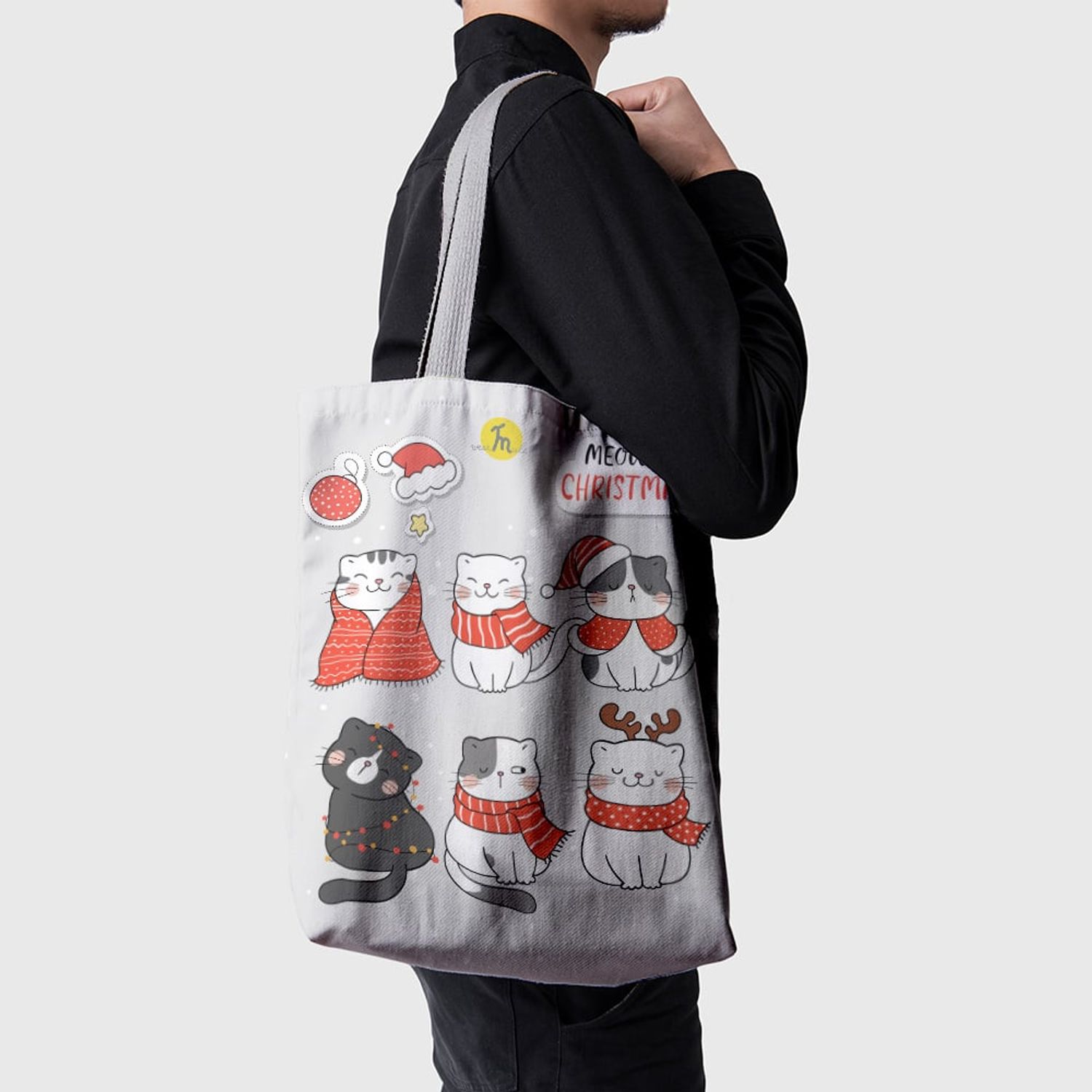 Geanta Handmade Tote Basic, Pisici Impodobite pentru Craciun, Multicolor, 43x37 cm fotografia produsului View 4 L