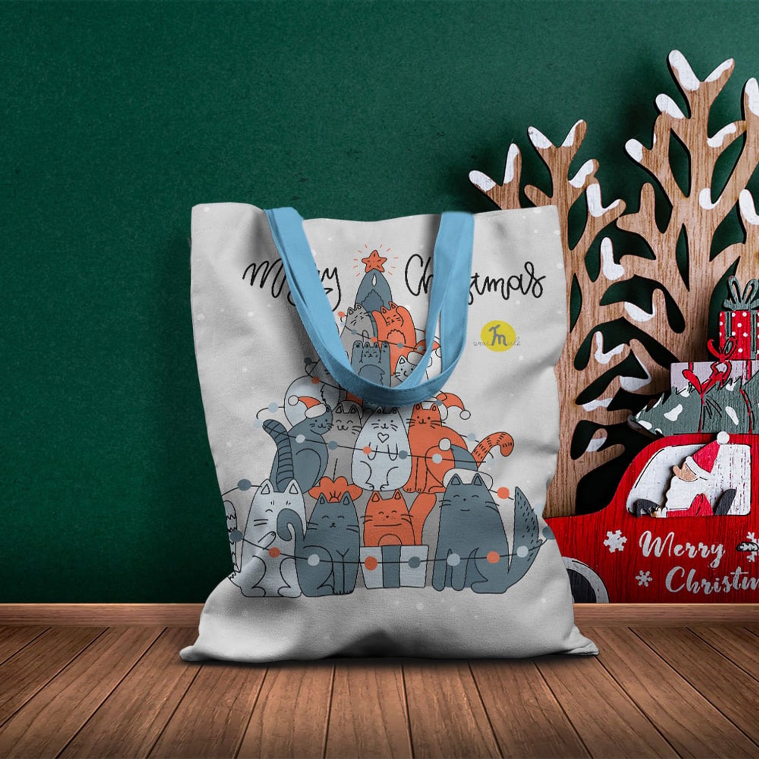 Geanta Handmade Tote Basic, Brad de Craciun din Pisici, Multicolor, 43x37 cm fotografia produsului View 6 L