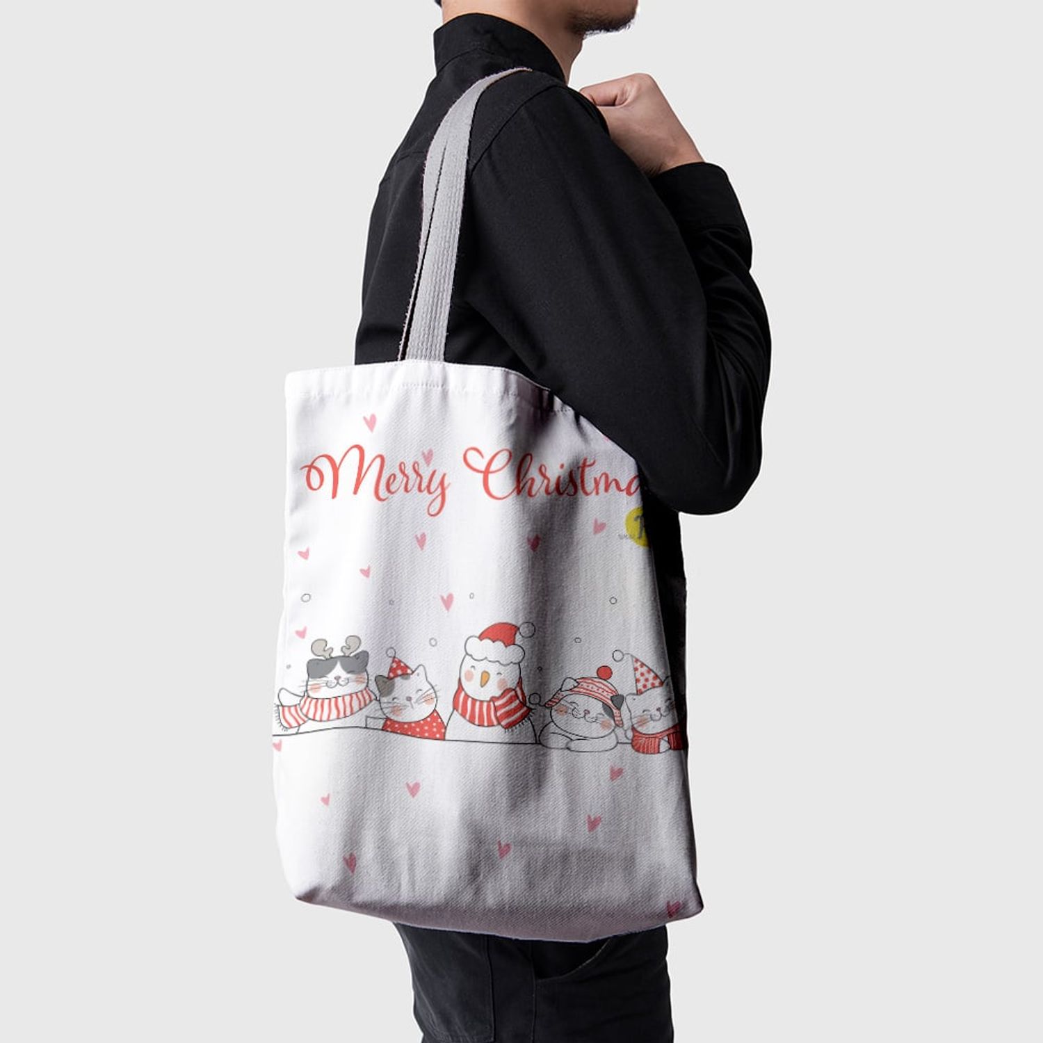 Geanta Handmade Tote Basic, Merry Christmas Urare de Craciun de la 5 Pisici, Multicolor, 43x37 cm fotografia produsului View 3 L