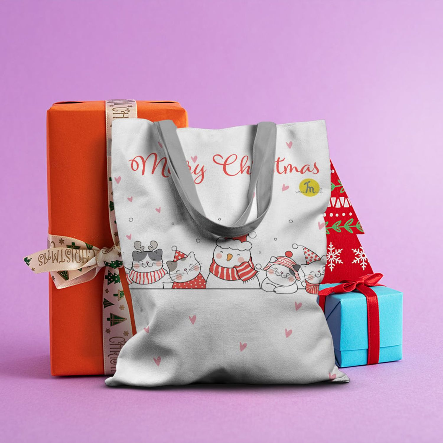 Geanta Handmade Tote Basic, Merry Christmas Urare de Craciun de la 5 Pisici, Multicolor, 43x37 cm fotografia produsului View 4 L