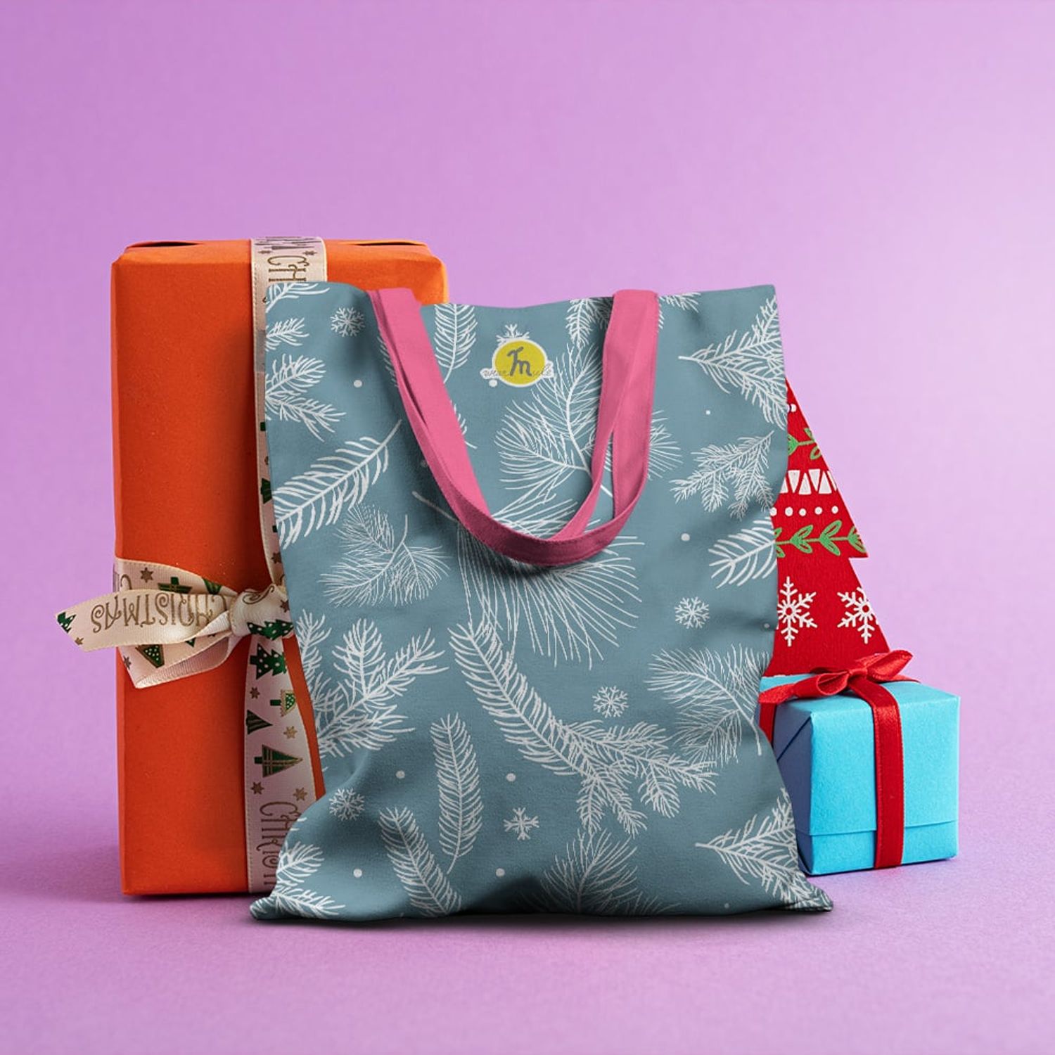 Geanta Handmade Tote Basic, Ninsoare de Iarna asezata in Copaci, Multicolor, 43x37 cm fotografia produsului View 4 L
