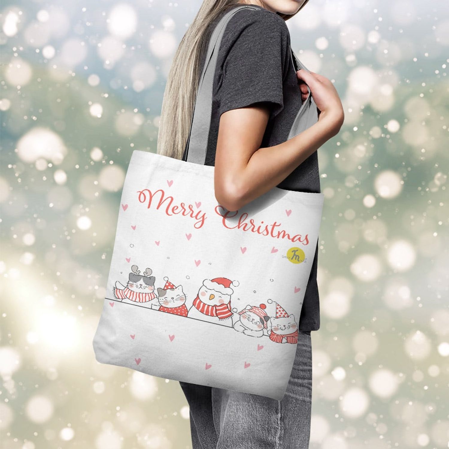 Geanta Handmade Tote Basic, Merry Christmas Urare de Craciun de la 5 Pisici, Multicolor, 43x37 cm fotografia produsului View 5 L