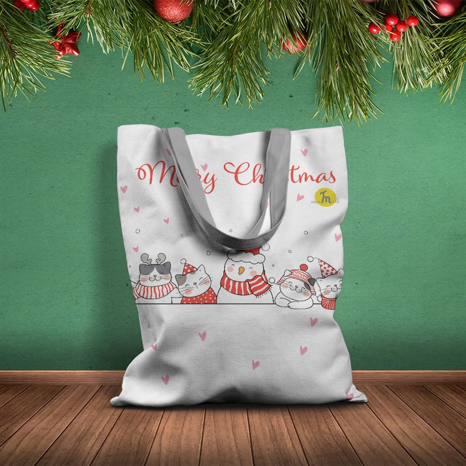 Geanta Handmade Tote Basic, Merry Christmas Urare de Craciun de la 5 Pisici, Multicolor, 43x37 cm fotografia produsului View 2 L