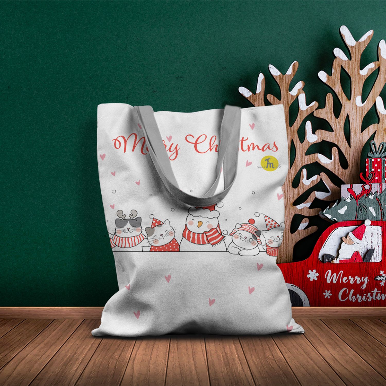 Geanta Handmade Tote Basic, Merry Christmas Urare de Craciun de la 5 Pisici, Multicolor, 43x37 cm fotografia produsului View 6 L