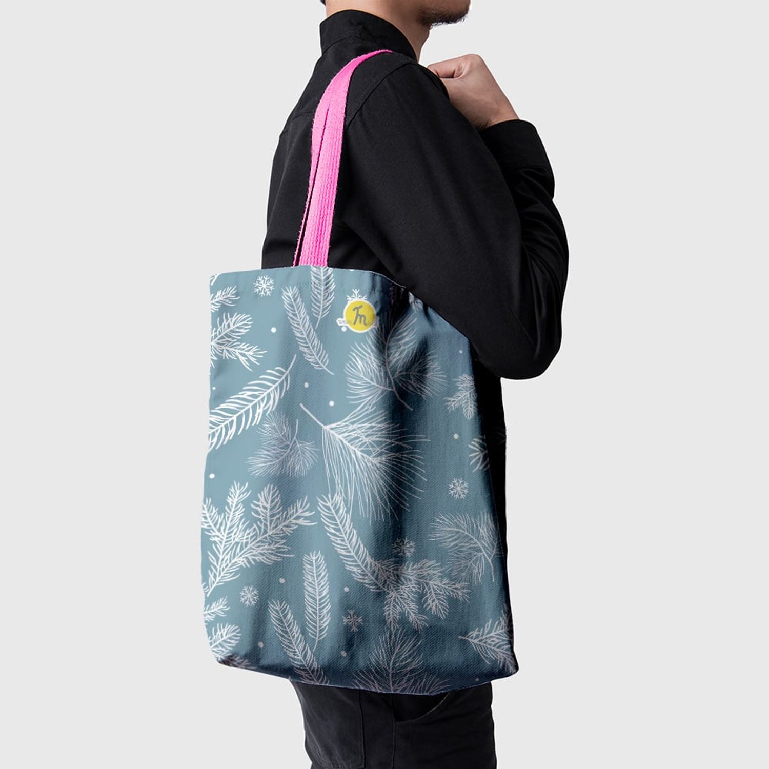 Geanta Handmade Tote Basic, Ninsoare de Iarna asezata in Copaci, Multicolor, 43x37 cm fotografia produsului View 6 L