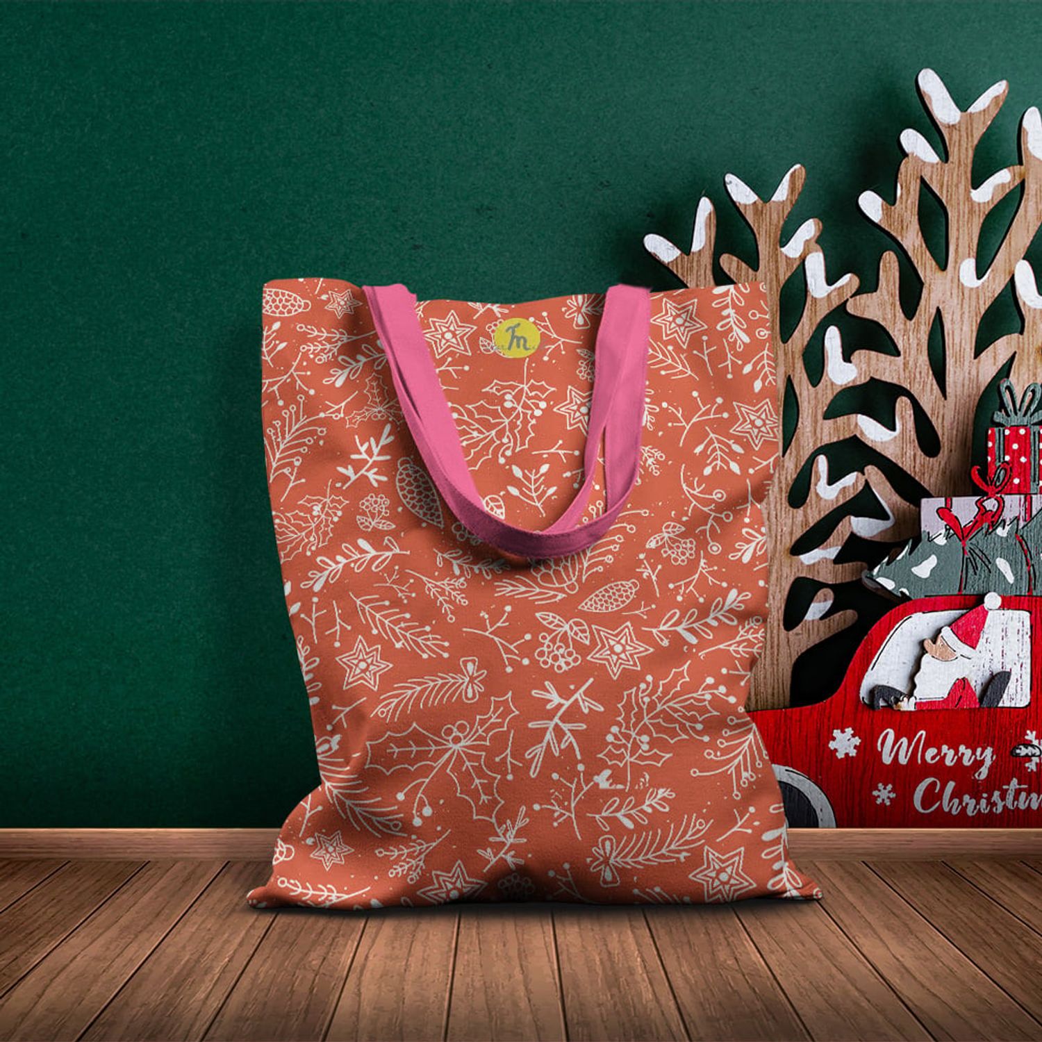 Geanta Handmade Tote Basic, Decoratiuni de Craciun, Multicolor, 43x37 cm fotografia produsului View 5 L