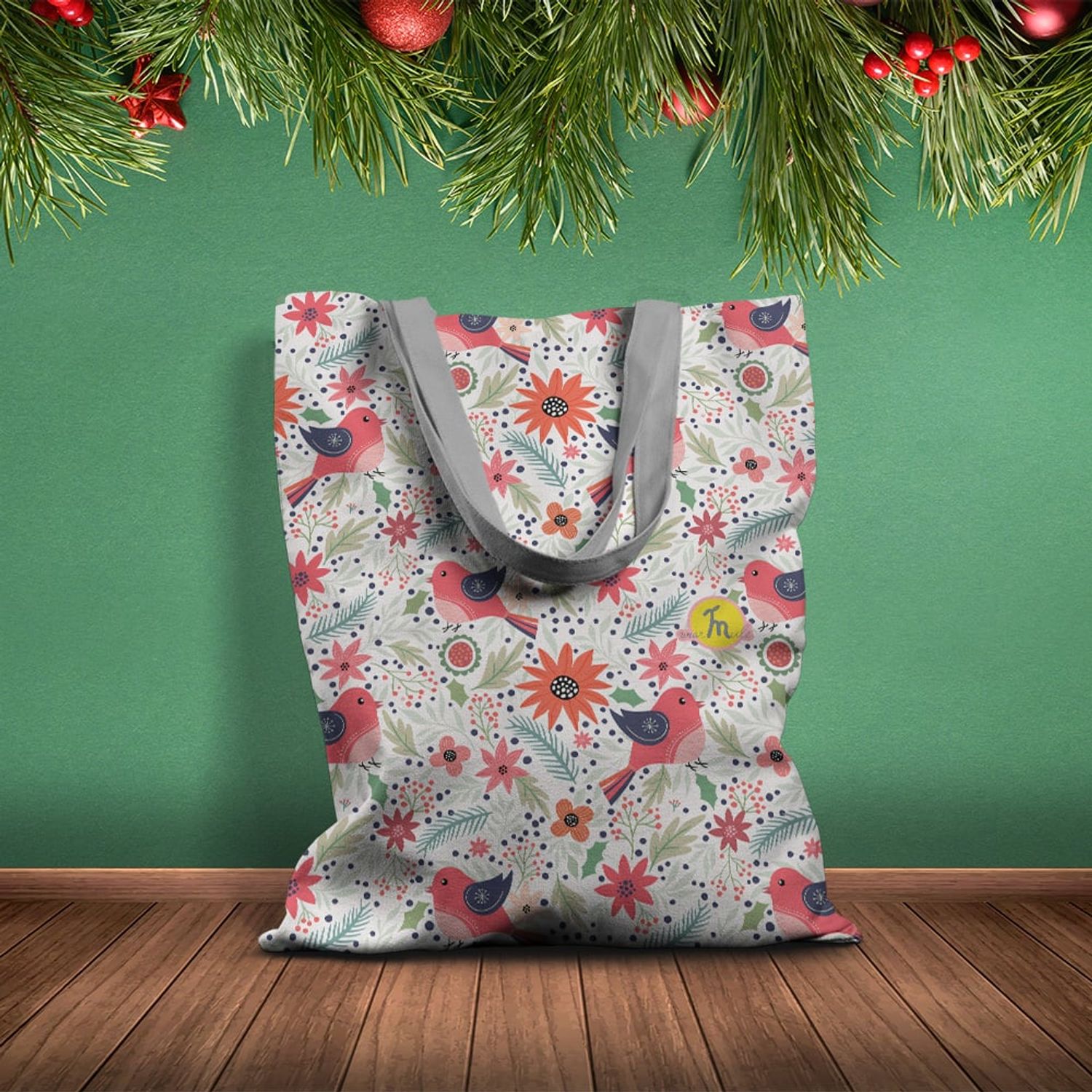 Geanta Handmade Tote Basic, Pattern cu Pasari si Plante, Multicolor, 43x37 cm fotografia produsului View 2 L