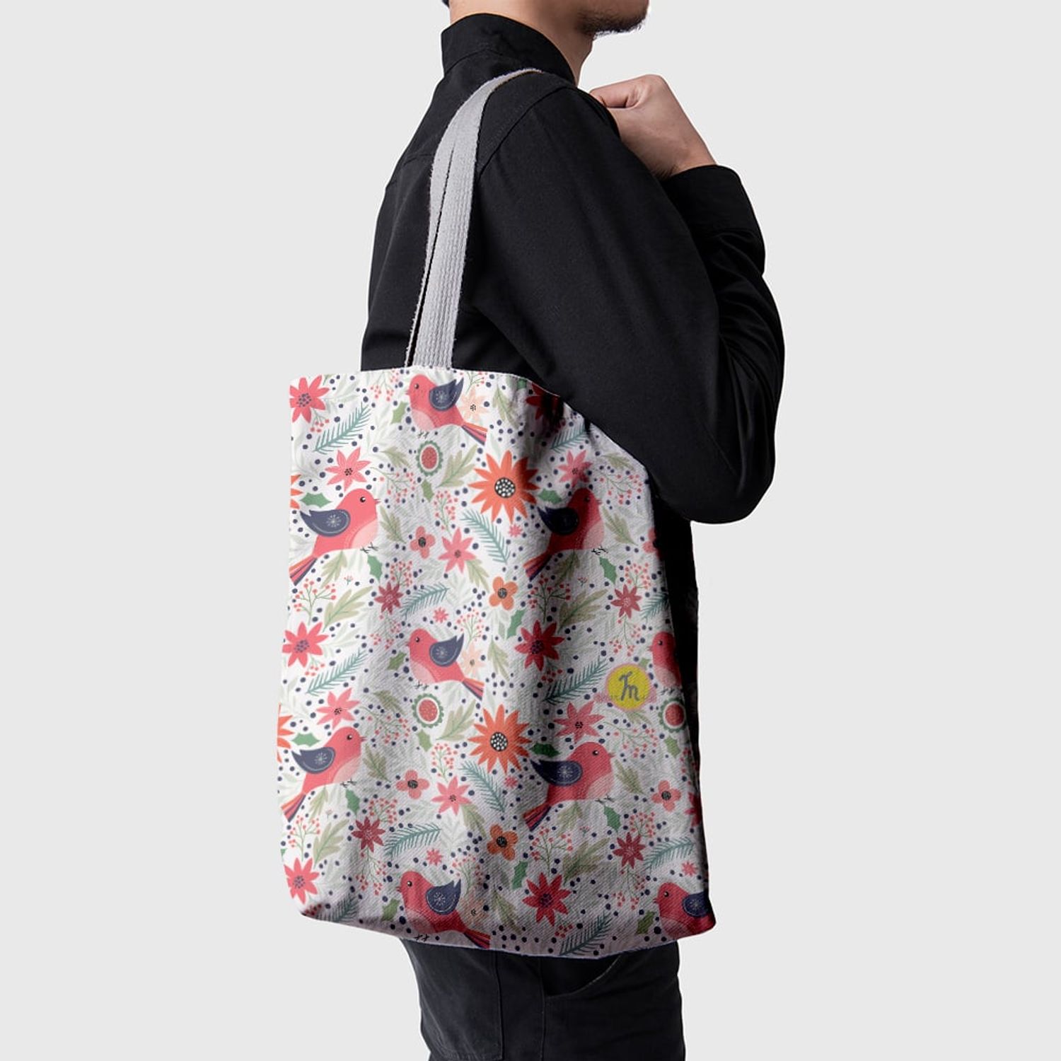 Geanta Handmade Tote Basic, Pattern cu Pasari si Plante, Multicolor, 43x37 cm fotografia produsului View 3 L