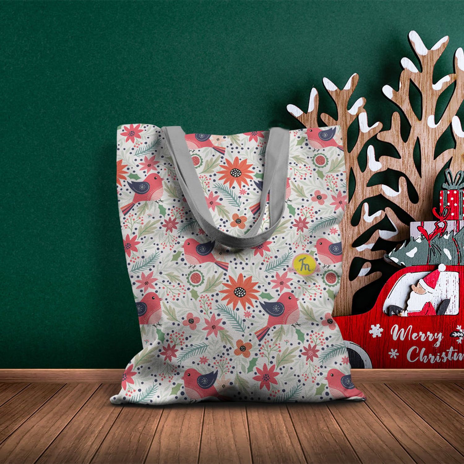 Geanta Handmade Tote Basic, Pattern cu Pasari si Plante, Multicolor, 43x37 cm fotografia produsului View 5 L