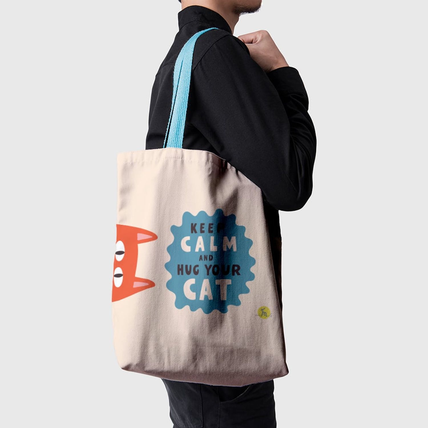Geanta Handmade Tote Basic, Keep Calm si Imbratiseaza-ti Pisica, Multicolor, 43x37 cm fotografia produsului View 3 L
