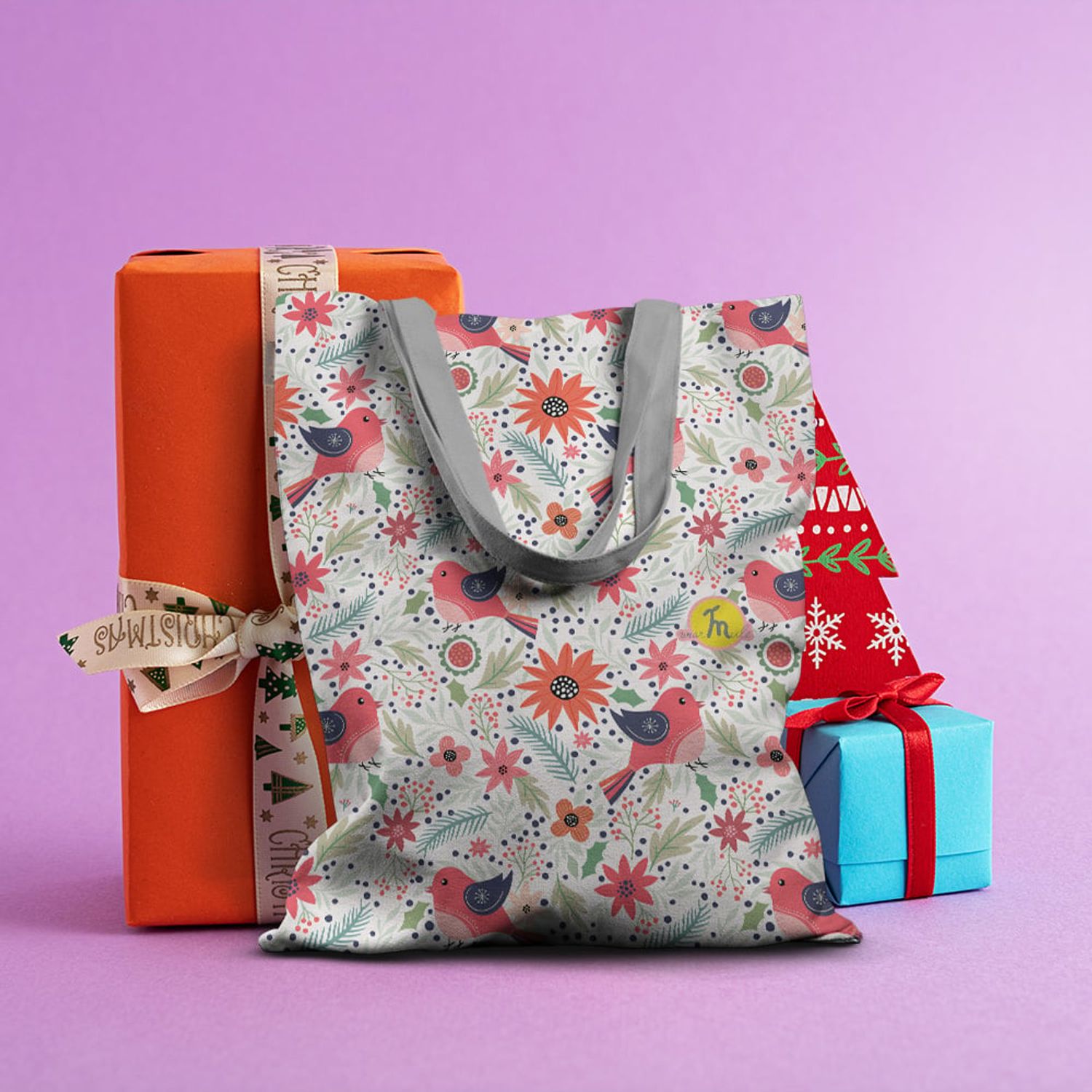 Geanta Handmade Tote Basic, Pattern cu Pasari si Plante, Multicolor, 43x37 cm fotografia produsului View 6 L