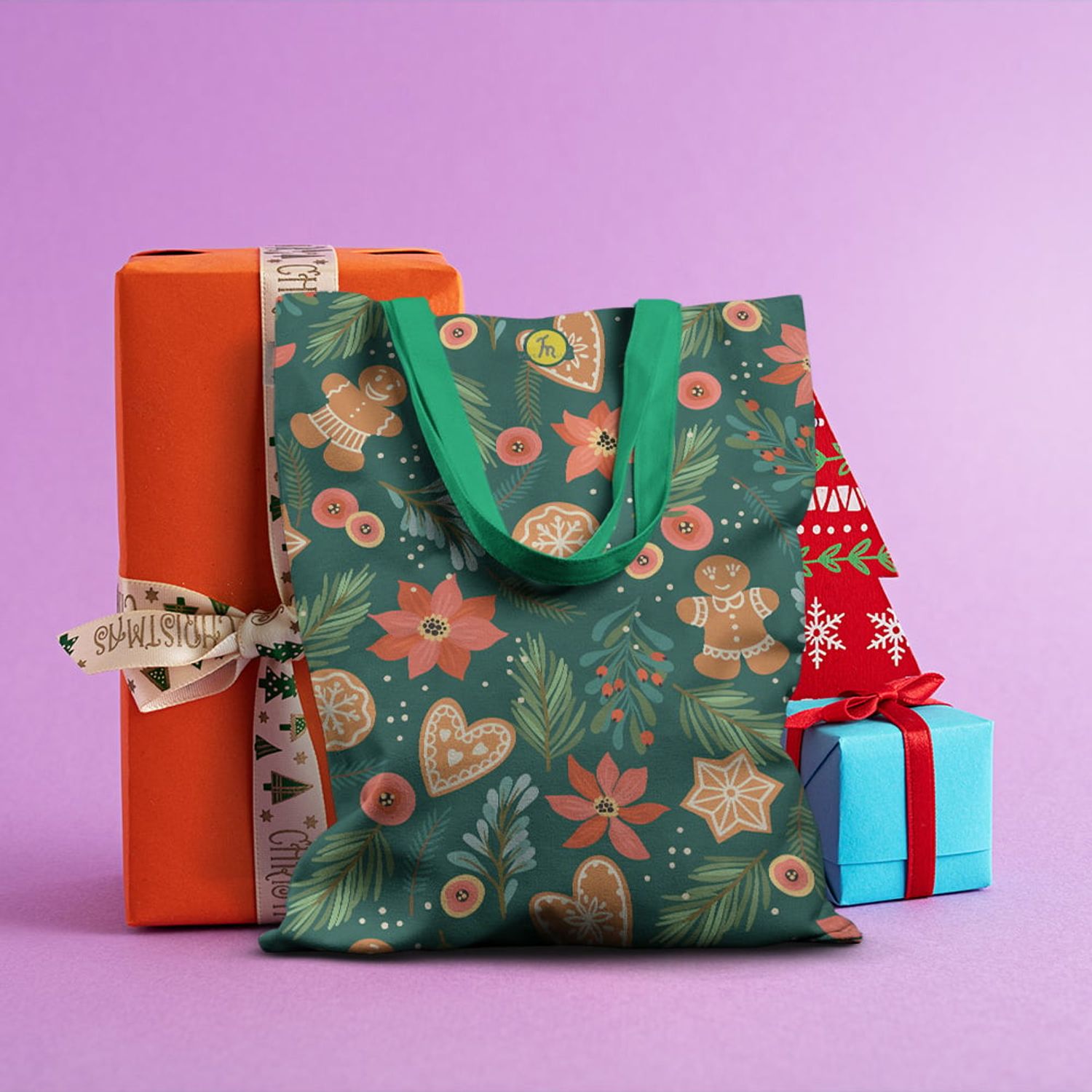 Geanta Handmade Tote Basic, Turta Dulce de Craciun, Multicolor, 43x37 cm fotografia produsului View 6 L