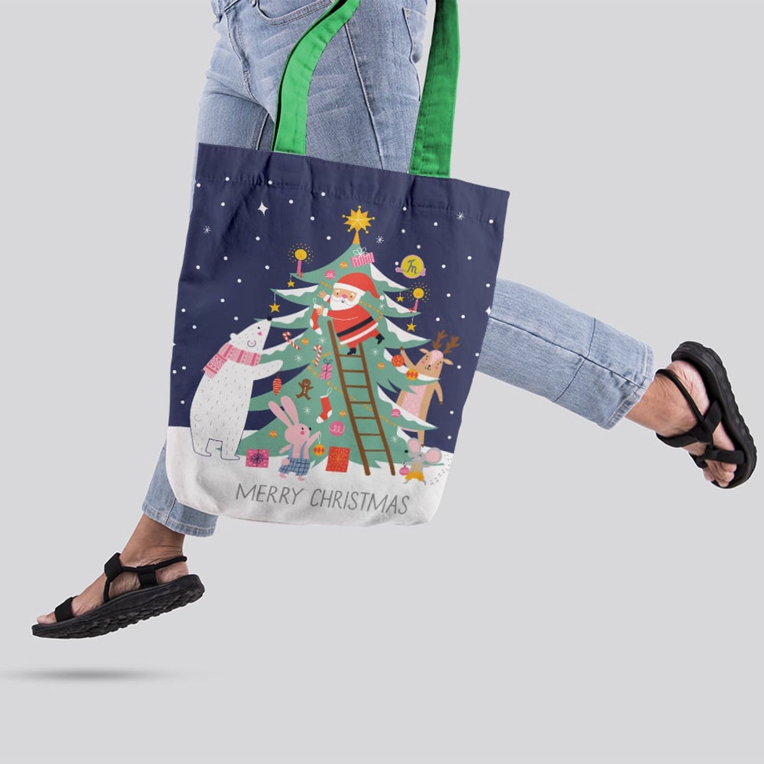 Geanta Handmade Tote Liner cu Captuseala, Merry Christmas Animale care Impodobesc Bradul impreuna cu Mos Craciun, - 3583367880036 fotografia produsului View 3 L