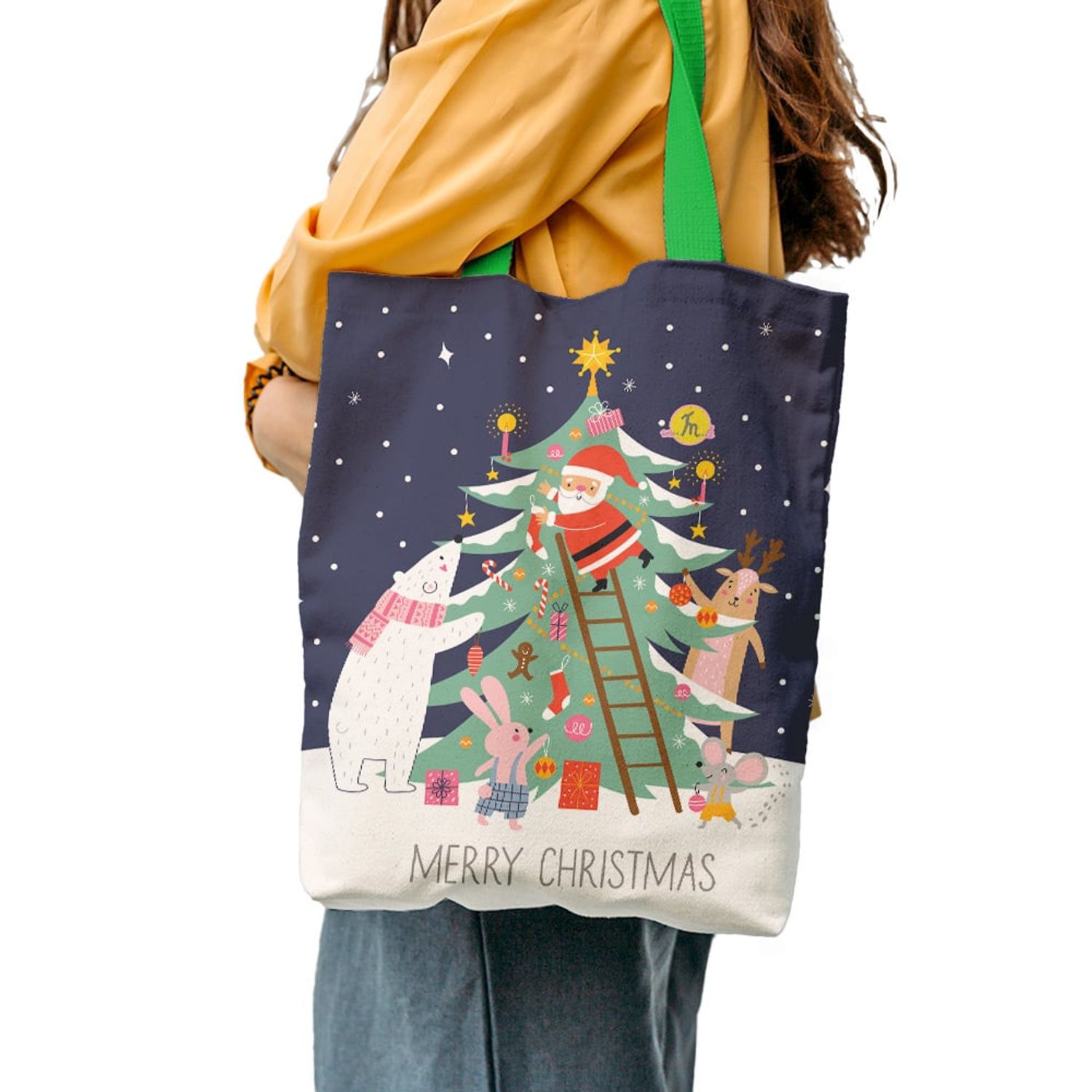 Geanta Handmade Tote Liner cu Captuseala, Merry Christmas Animale care Impodobesc Bradul impreuna cu Mos Craciun, - 3583367880036 fotografia produsului View 4 L
