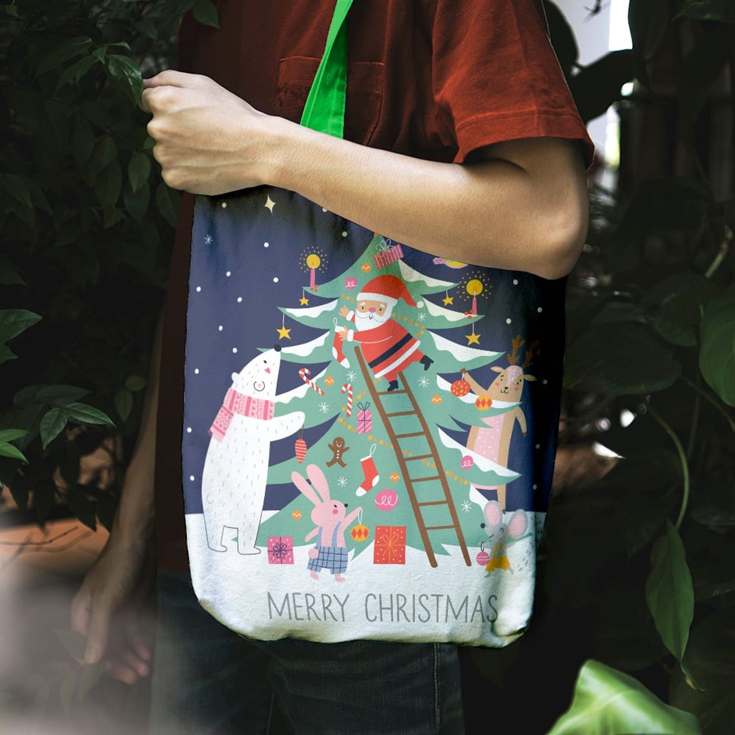Geanta Handmade Tote Liner cu Captuseala, Merry Christmas Animale care Impodobesc Bradul impreuna cu Mos Craciun, - 3583367880036 fotografia produsului View 5 L