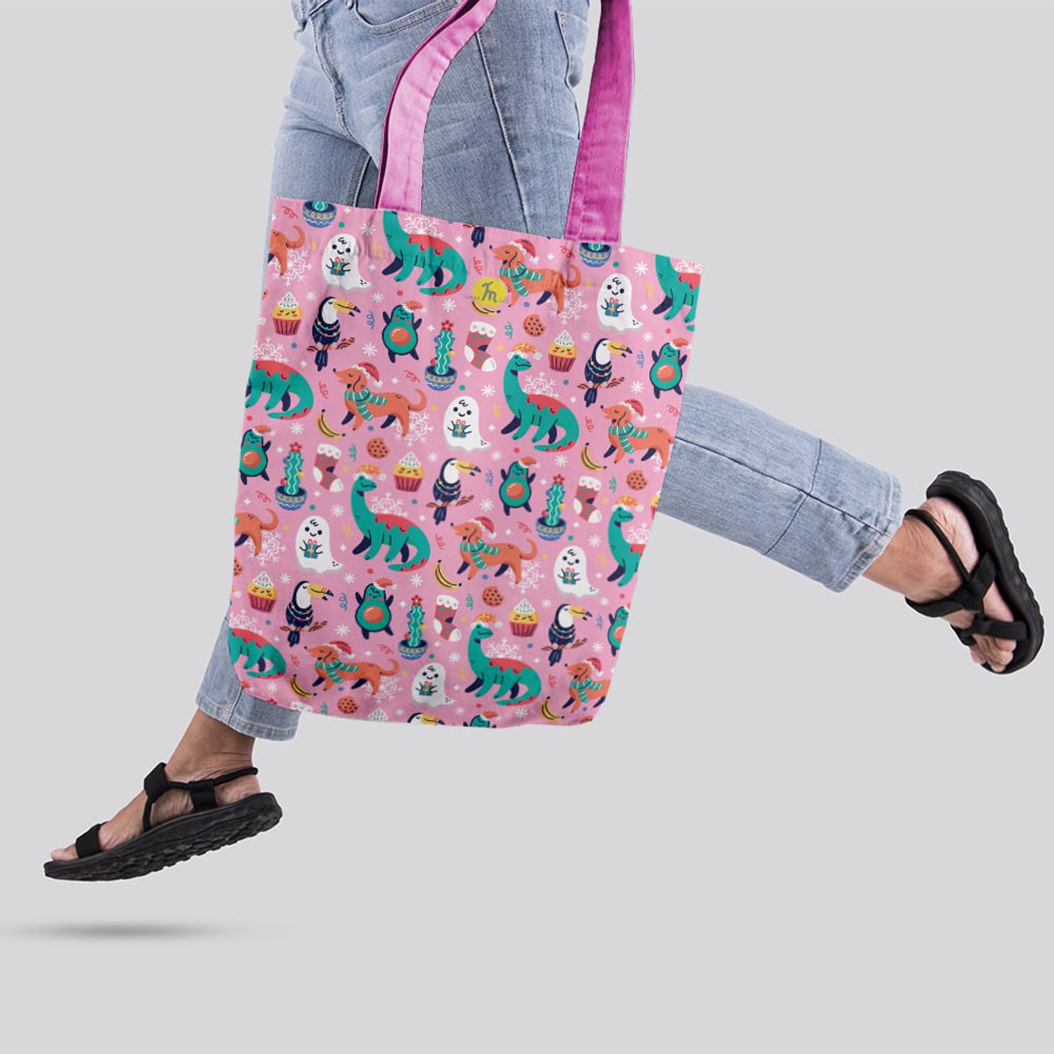 Geanta Handmade Tote Liner cu Captuseala, Animale Festive de Craciun, Multicolor, 43x37 cm fotografia produsului View 3 L