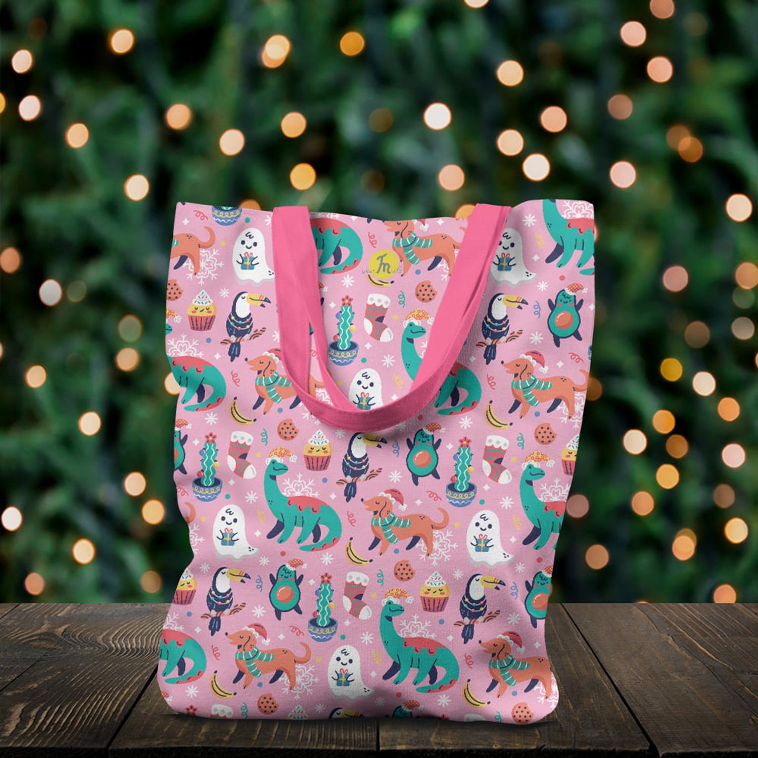 Geanta Handmade Tote Liner cu Captuseala, Animale Festive de Craciun, Multicolor, 43x37 cm fotografia produsului View 4 L