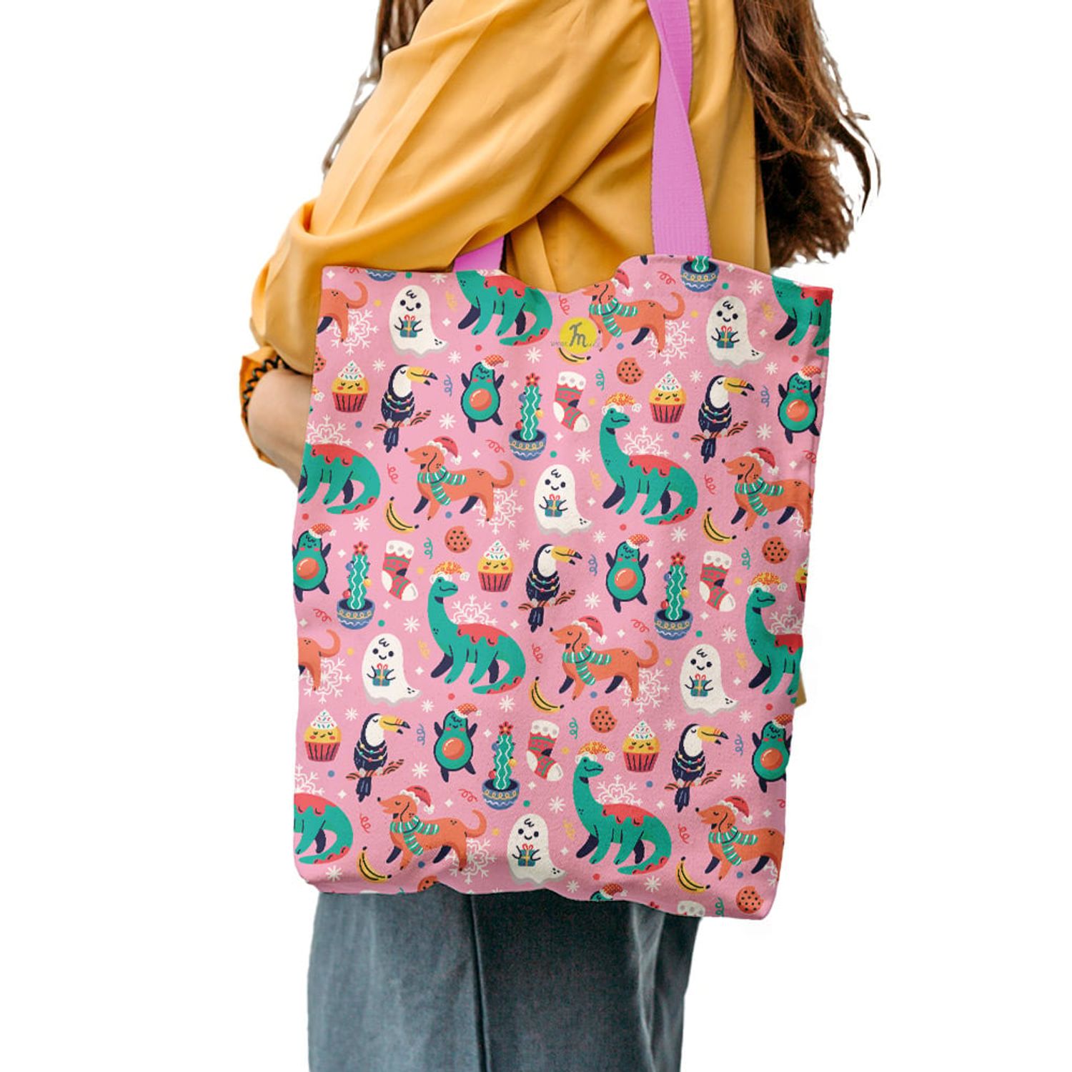 Geanta Handmade Tote Liner cu Captuseala, Animale Festive de Craciun, Multicolor, 43x37 cm fotografia produsului View 5 L