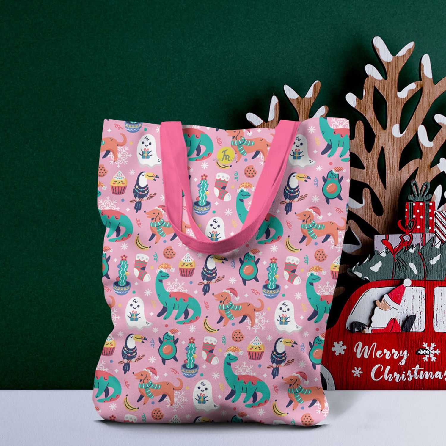 Geanta Handmade Tote Liner cu Captuseala, Animale Festive de Craciun, Multicolor, 43x37 cm fotografia produsului View 2 L