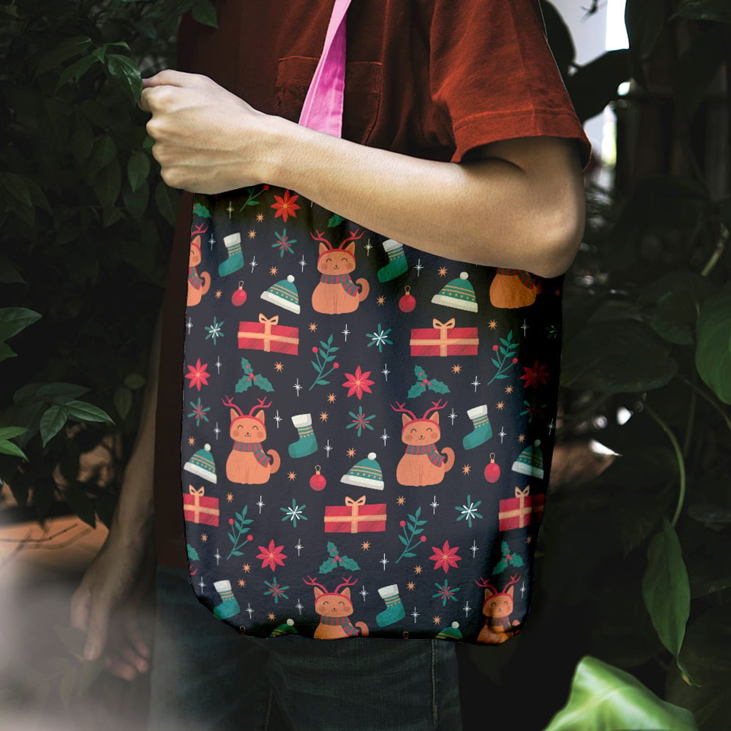 Geanta Handmade Tote Liner cu Captuseala, Pisici si Cadouri de Craciun, Multicolor, 43x37 cm fotografia produsului View 3 L