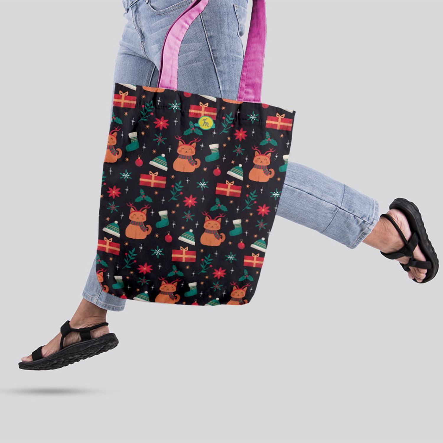 Geanta Handmade Tote Liner cu Captuseala, Pisici si Cadouri de Craciun, Multicolor, 43x37 cm fotografia produsului View 4 L