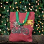 Geanta Handmade Tote Liner cu Captuseala, Merry Christmas Mos Craciun pe Motocicleta, Multicolor, 43x37 cm fotografia produsului View 3 S