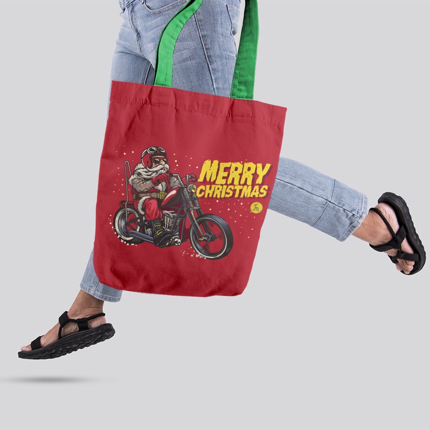 Geanta Handmade Tote Liner cu Captuseala, Merry Christmas Mos Craciun pe Motocicleta, Multicolor, 43x37 cm fotografia produsului View 4 L