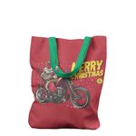Geanta Handmade Tote Liner cu Captuseala, Merry Christmas Mos Craciun pe Motocicleta, Multicolor, 43x37 cm fotografia produsului