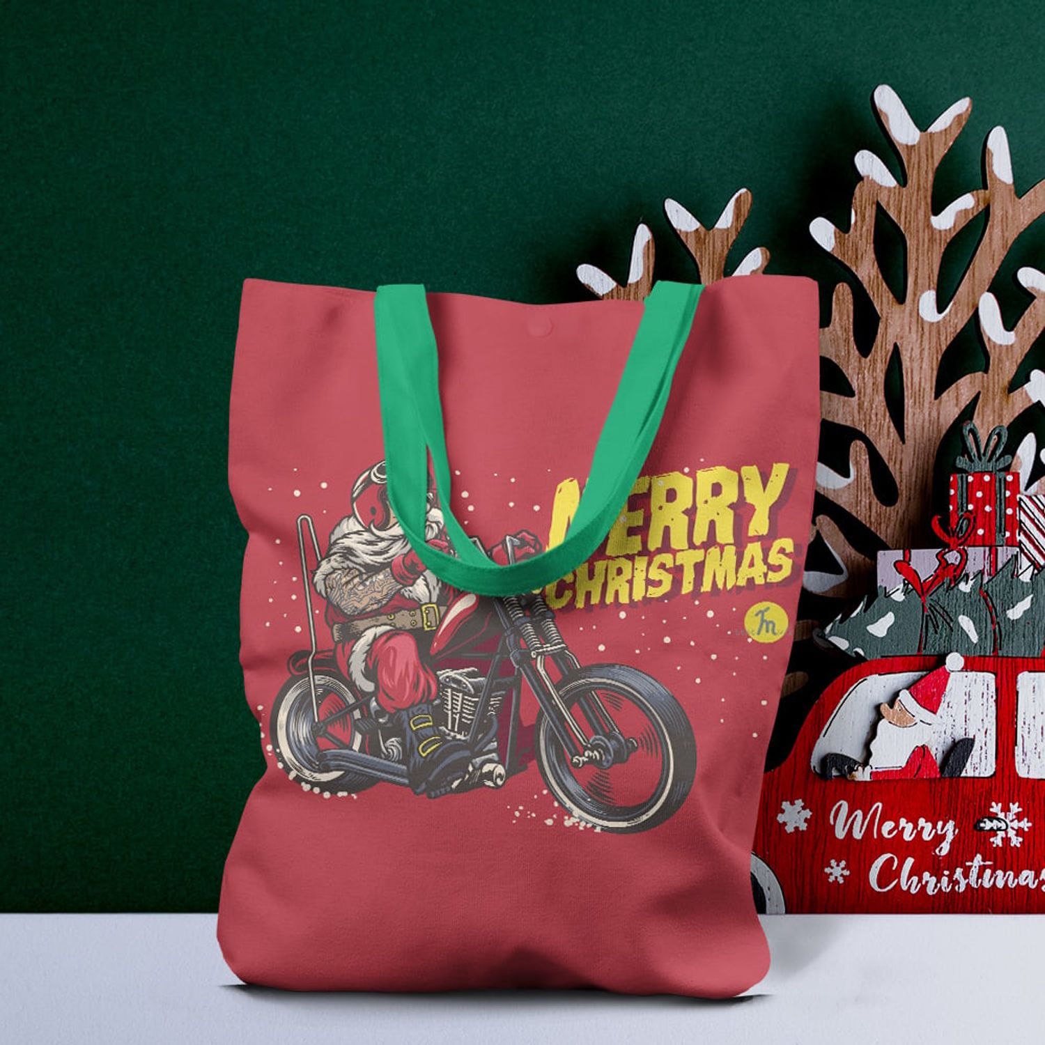 Geanta Handmade Tote Liner cu Captuseala, Merry Christmas Mos Craciun pe Motocicleta, Multicolor, 43x37 cm fotografia produsului View 2 L